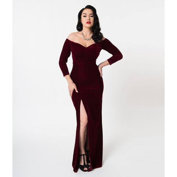 Collectif London Dresses & Skirts - Collectif London Off Shoulder Red Velvet Maxi Dress S Vamp Vintage Witchy Goth